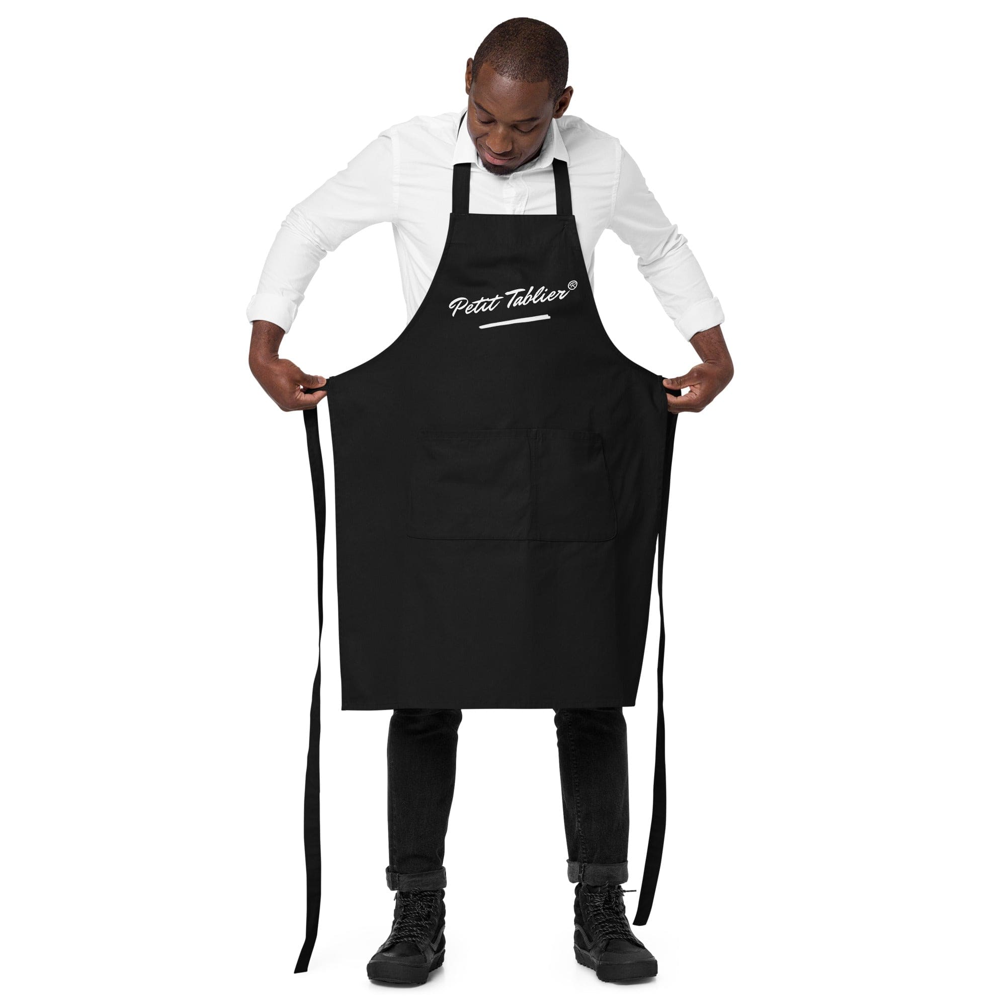Tablier noir en coton bio avec logo blanc | Les Créations Petit-Tablier®