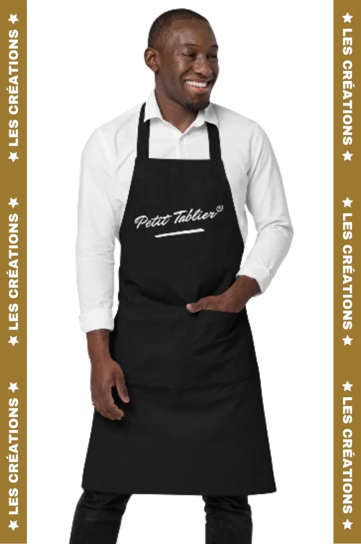 Tablier noir en coton bio avec logo blanc | Les Créations Petit-Tablier®